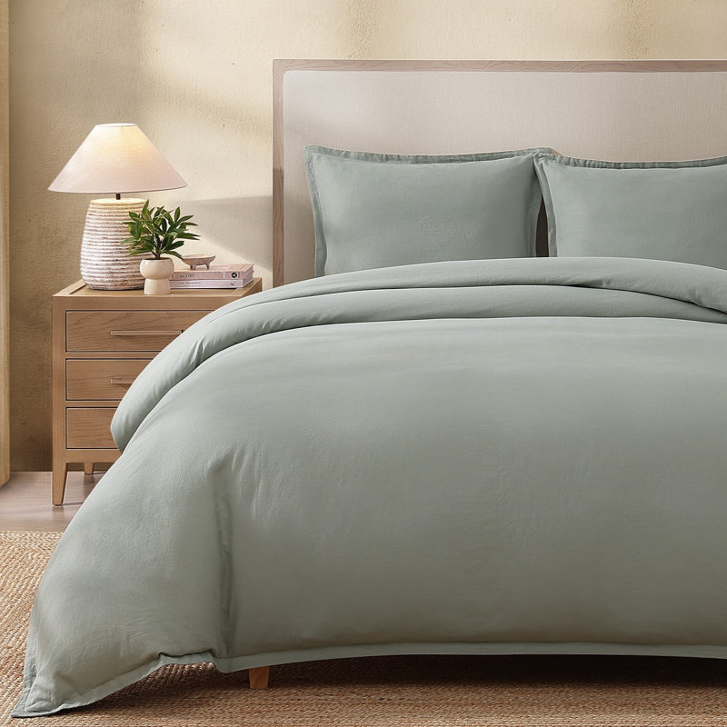 Standard Cotton-European Linen Duvet Cover Set, Queen Duvet Cover + 2 Standard Shams, Sage