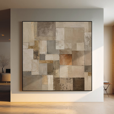 Très grand art mural imprimé sur tissu - Blocs géométriques abstraits brun clair - Décor de bureau moderne - "Assemblage requis (cadre non fini)"