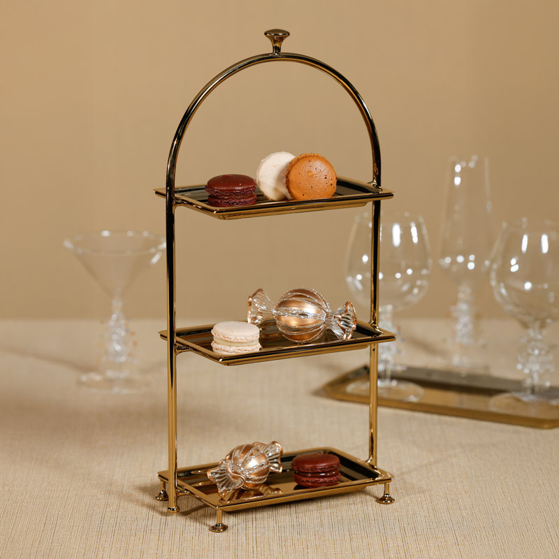 Lucente High Tea Polished Stainless Steel 3-Tier Serving Stand, Gold