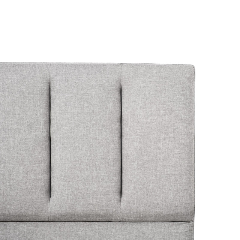 Lit double rembourré en lin gris moderne avec tête de lit, structure en contreplaqué et en bois franc, bourre de structure en tissu à marches simples, option de livraison compacte
