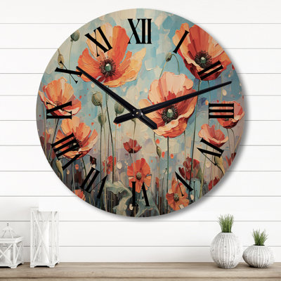 Orange Poppies Poppy Euphoria II - Floral Oversized Wood Wall Clock
