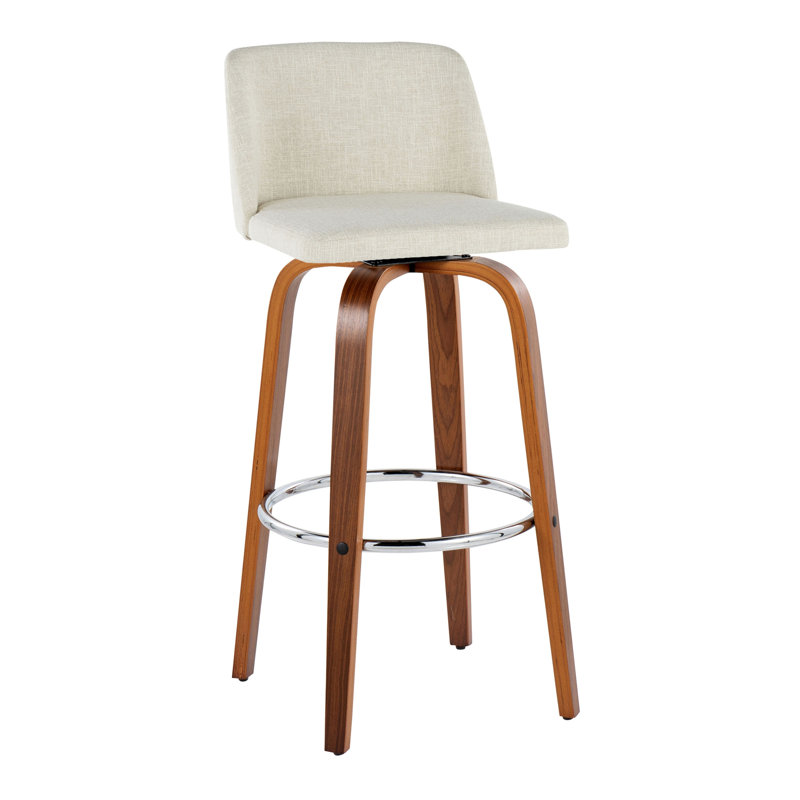Tabouret de bar 30 po à hauteur fixe avec pivot en bois de noyer et tissu crème Toriano, Noyer / argenté