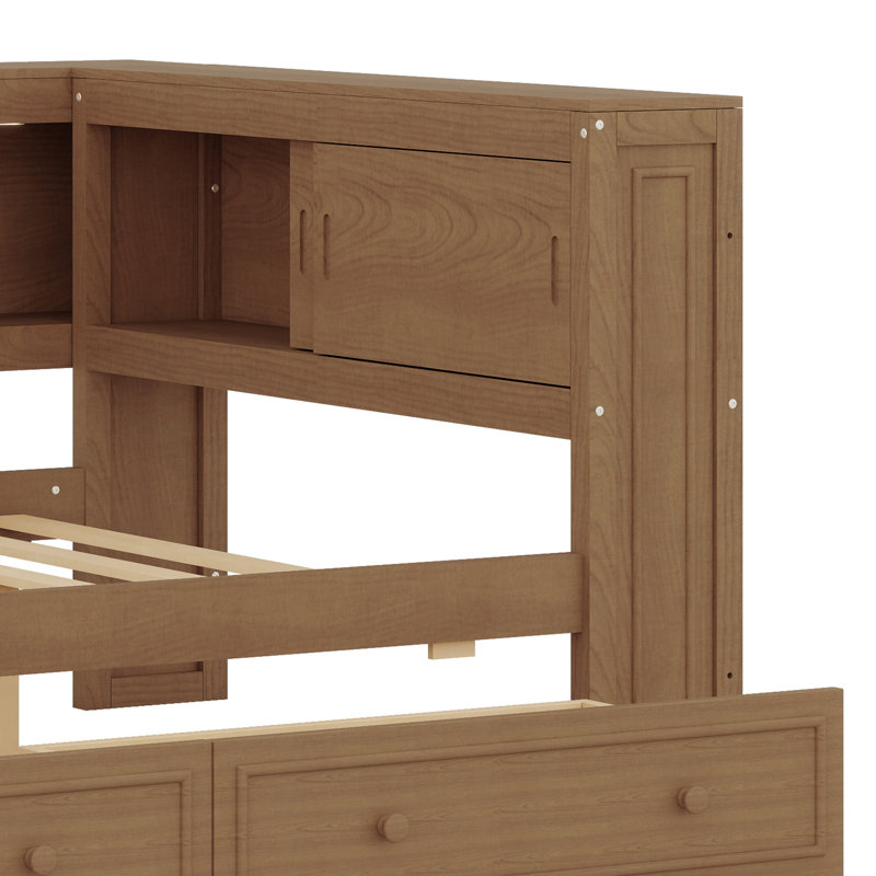 Multifunctional Daybed with Shelves, and Two Drawers, Antique Wood Color