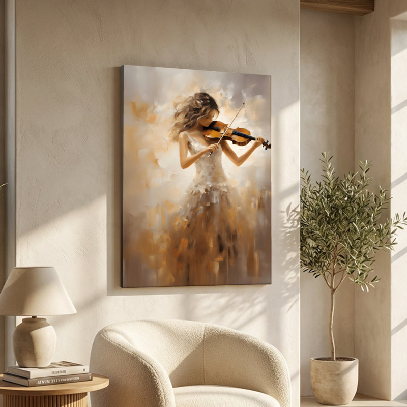 La violoniste jouant du violon dans un style impressionniste - Reproduction d'art mural impressionniste sur toile tendue sur châssis, 61 cm (H) x 91 cm (L), prête à être accrochée