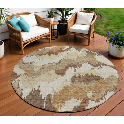 Tapis d'intérieur rond lavable abstrait brun et beige 8 pi
