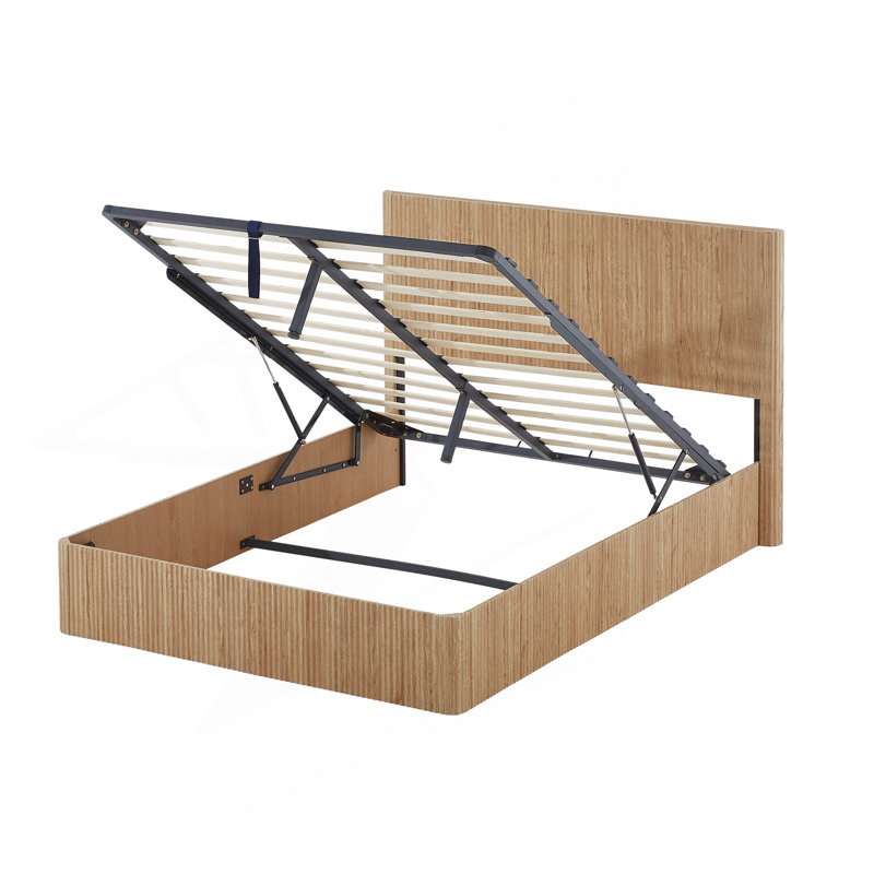 Cadre de lit grand format avec rangement relevable, lignes courbes en bois ondulé, rangement hydraulique / pas de sommier, chêne.