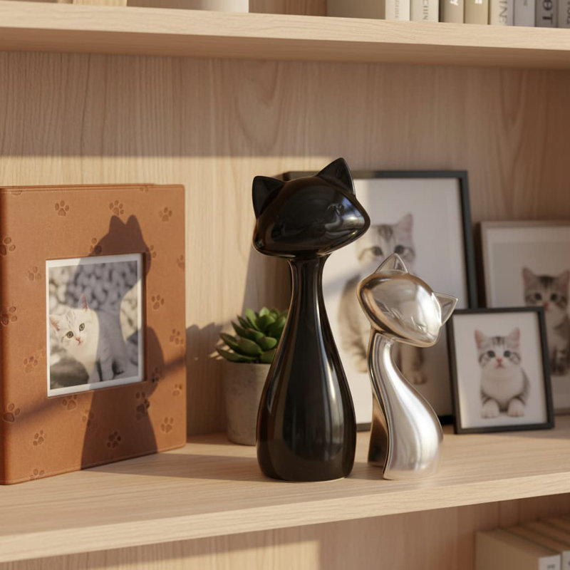 9.84" Ceramic Lucky Cat Statue Set - Black & Silver Home Decor for Cat Lovers