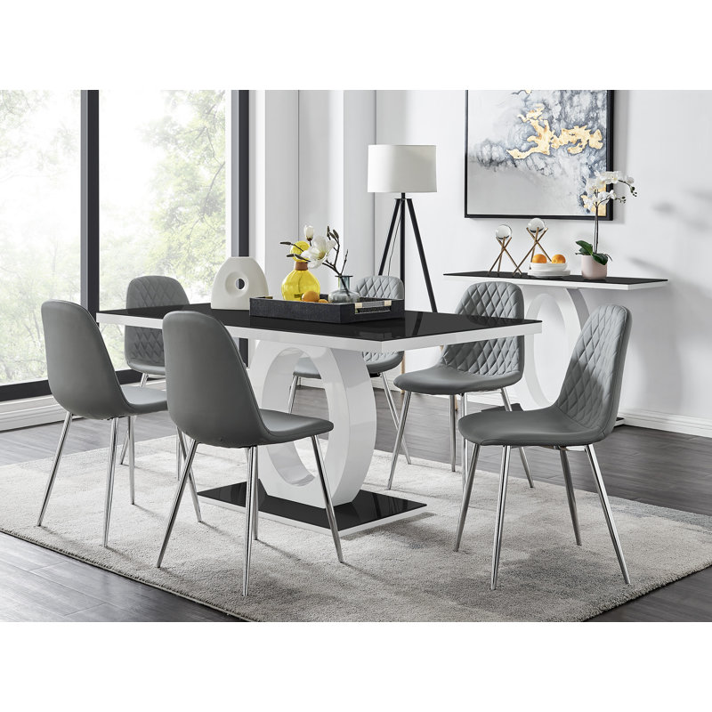 Scottsmoor Modern High Gloss Halo 6 Seater Dining Table Set with Luxury Faux Leather Dining Chairs, Gray/Silver