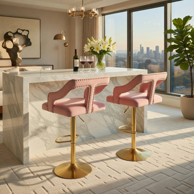  Ensemble de 2 tabourets de bar pivotants réglables avec repose-pieds, revêtement en velours hollandais, rotation à 360 °, siège et repose-pieds réglables en hauteur, base en métal galvanisé résistant aux égratignures, rose et or