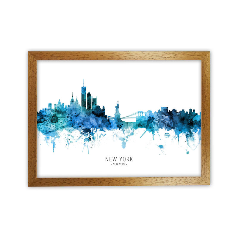 New York Skyline Blue City Name by Michael Tompsett - Print, 64cm H x 88cm W x 3cm D, Oak Framed
