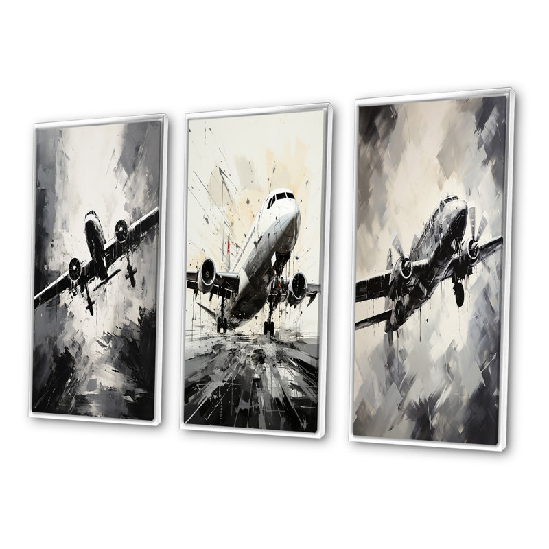 «Avion monochromatique planant» - 3 pièces, Cadre flottant blanc, H 28 po x l 36 po