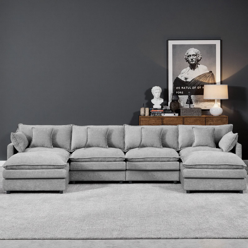 130.7" Chenille U-Sectional – Modular Cloud Seats, 2 Movable Ottomans, DIY U/L/Sleeper Layouts, Vacuum-Flat Packs, Gray