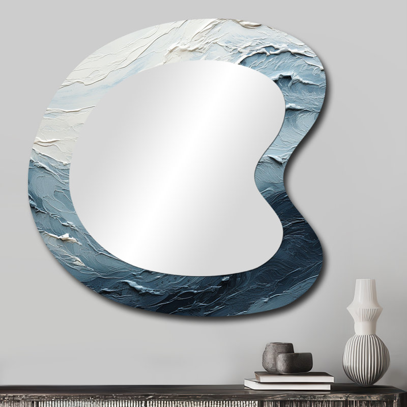 Alitzel Minimalisme noir et bleu peinture vague II - miroir unique asymétrique côtier, grand miroir mural bleu à forme libre, impression sur métal