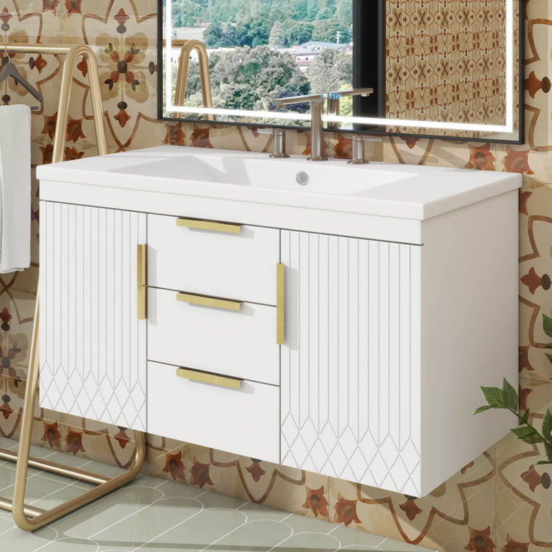 Meuble-lavabo mural 36 po avec lavabo en résine, armoire de rangement flottante avec 2 tiroirs, Blanc
