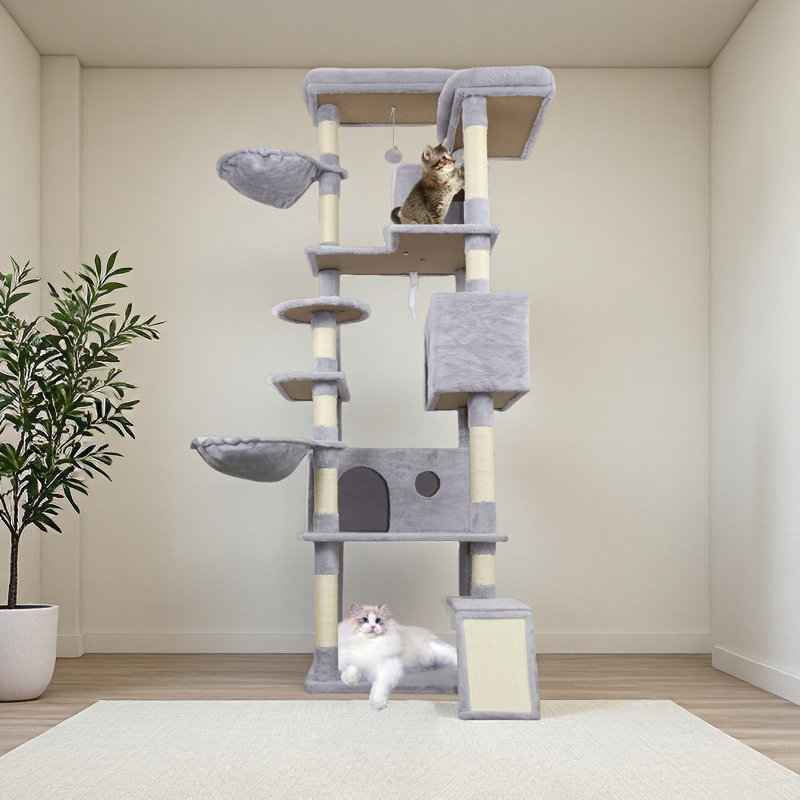 Très haute tour d'arbre à chat 84,6 po | Centre d'activités multiniveaux gris clair avec 3 condos, 11 poteaux en sisal et base stable