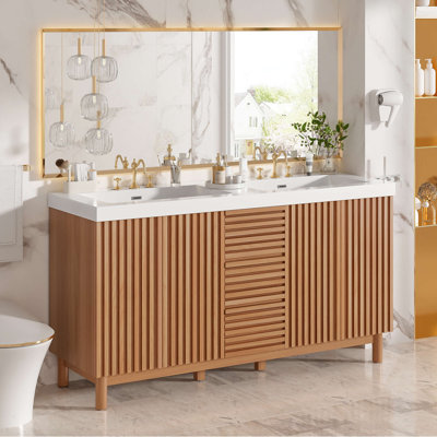Meuble-lavabo de salle de bain de 150 cm avec lavabo double en résine SMC, caisson en MDF et pieds en bois massif