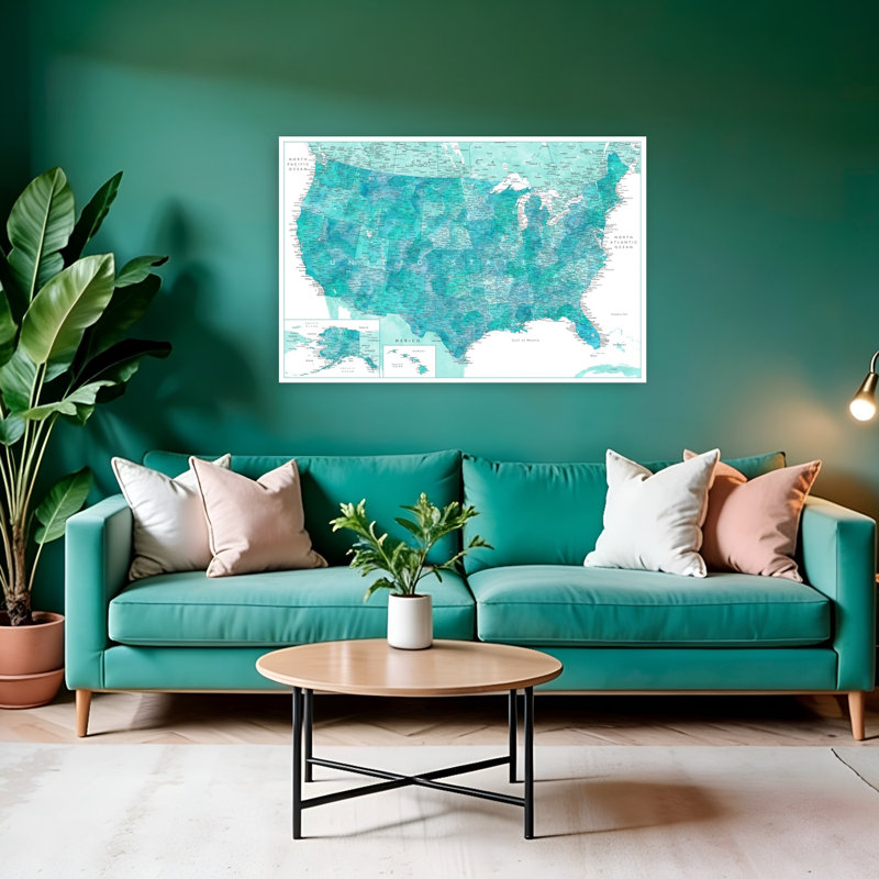 Carte des États-Unis turquoise - Affiche contemporaine, 32" H x 48" W, Green/White
