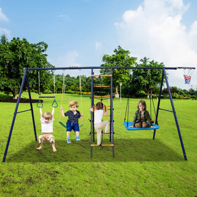 6 In 1 Backyard Swing : Climbing , Net, Trapeze, , Belt Swing, Hoop - Solid Steel Structure, High Load Carabiners, Easy To Put Together With Trapeze Bar, Multicolor, Promote Outdoor Play
