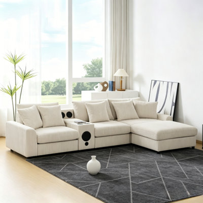 Canapé modulaire en L 112 po x 64 po en velours côtelé crème avec Bluetooth, console et repose-pieds