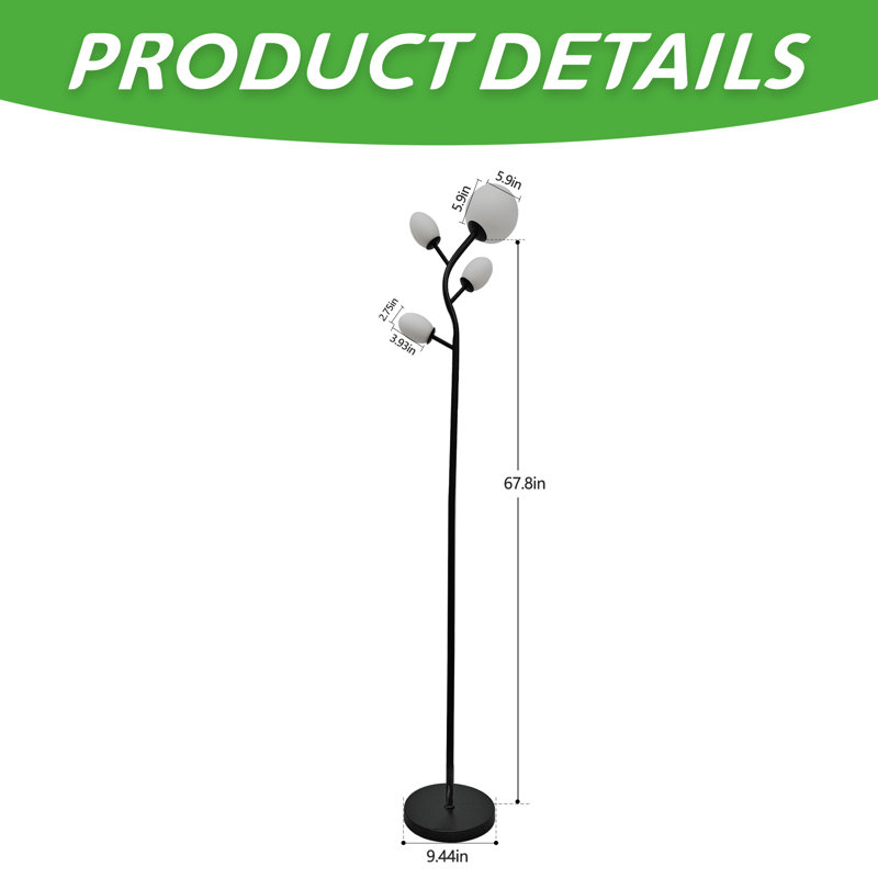 Modern Tree Standing LED Floor Lamp With Frosted Glass Shade, Black