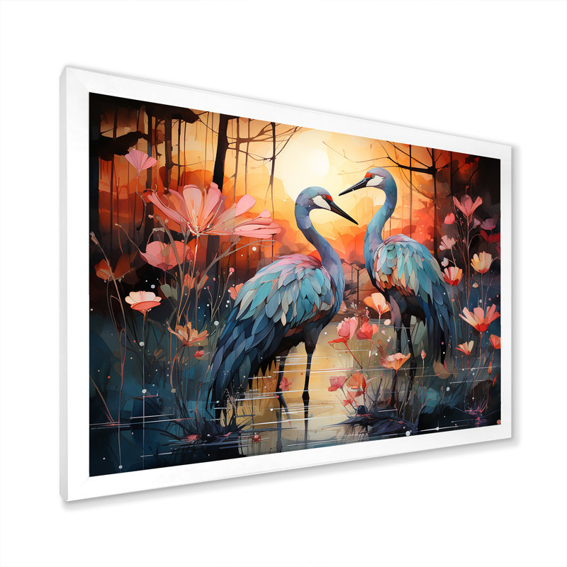 Flamant crépuscule sur toile, Cadre simple blanc, H 16 po x l 32 po x P 1,5 po