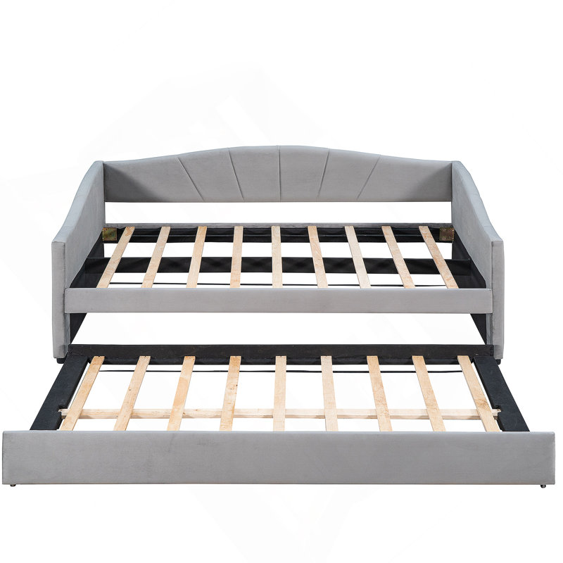 Upholstered Daybed Sofa Bed Twin Size With Trundle And Wood Slat, Gray