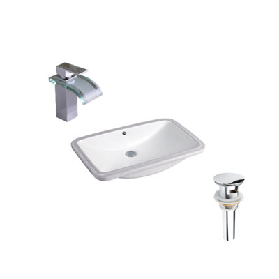Lavabo de salle de bain rectangulaire encastré en céramique blanche avec robinet et trop-plein
