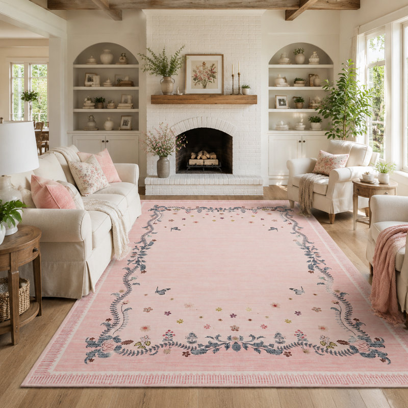 Tapis à bordure Clover Petal pour chambre à coucher et salon, Rose, 9 x 12 pi