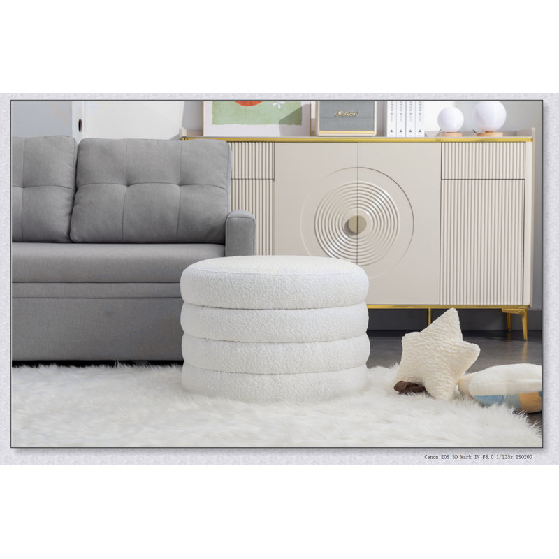 Boucle Fabric Storage Round Ottoman Footstool With Wooden Shelving, Cream