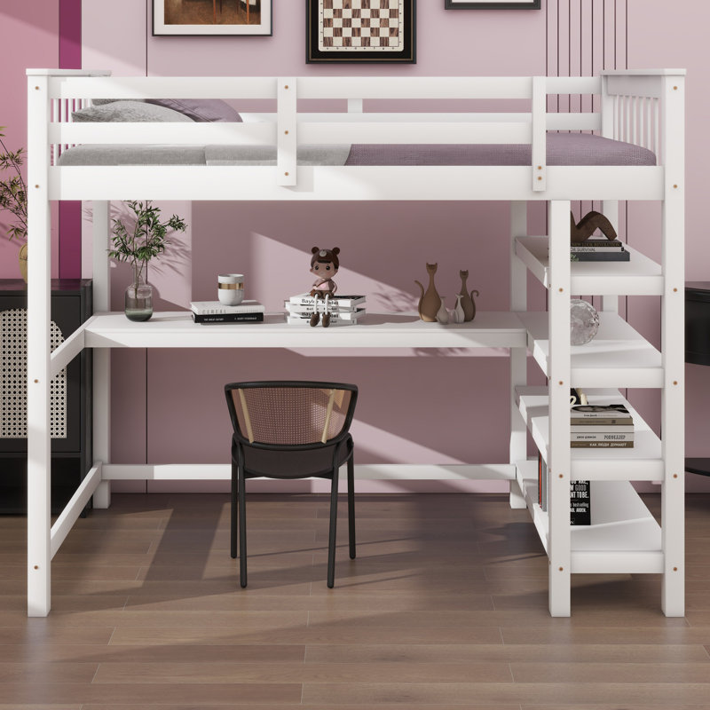 Lit mezzanine avec tablettes de rangement et bureau sous le lit, White