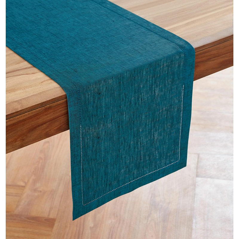 Linen Table Runner – Teal – Chambray Hemstitch,, 100% Pure Linen, For Dresser & Coffee Table, Spring, Easter & St. Patrick’S Day Decor