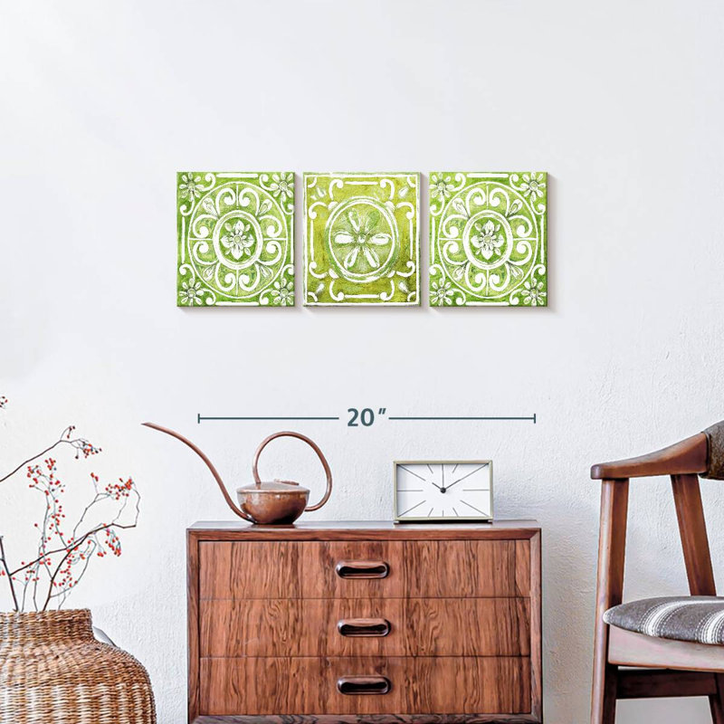 Motif de tuiles ornementales vertes, ensemble de 3 pièces sur toile par Lulu, H 8 po x l 26 po x P 1 po