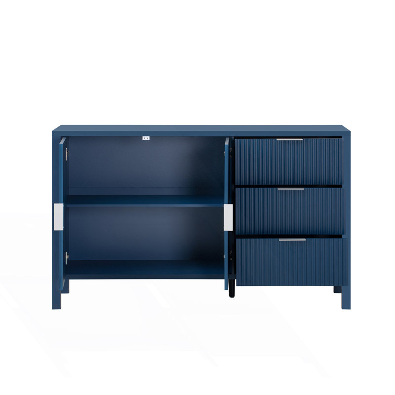 Modern Wave-Pattern Sideboard With 3 Drawers, Large Storage Buffet Cabinet, Navy Blue