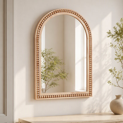 Hand‑Carved Beaded Arched Wall‑Mount Mirror, Natural Finish Solid Wood Vanity Mirror for Bathroom, Entryway, Living Room, Fireplace, Farmhouse Decor