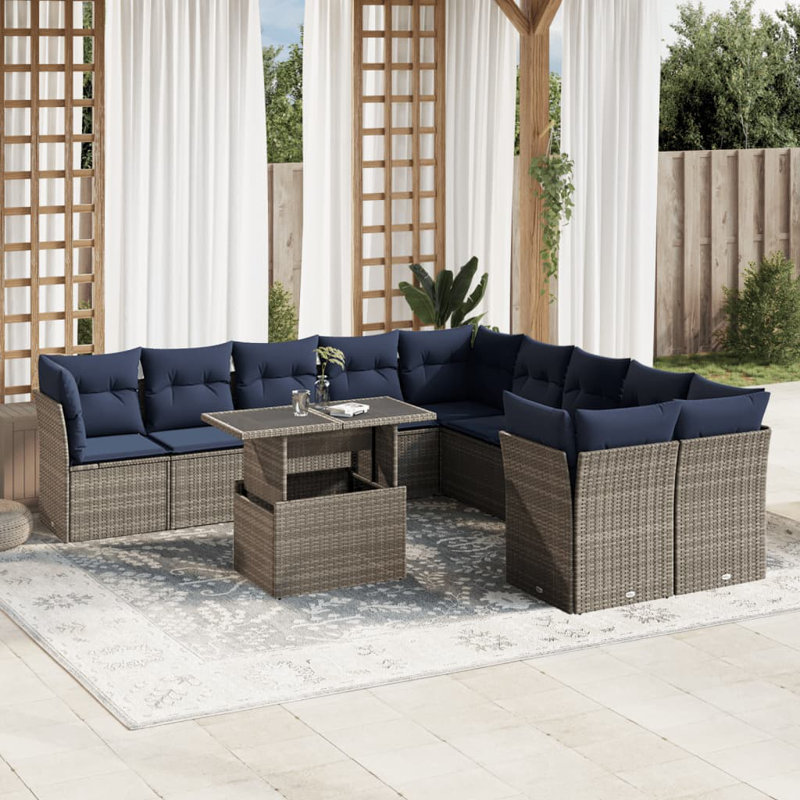 Ensemble de canapé de patio 11 pièces avec coussins en rotin de polyester, Gris, Marine