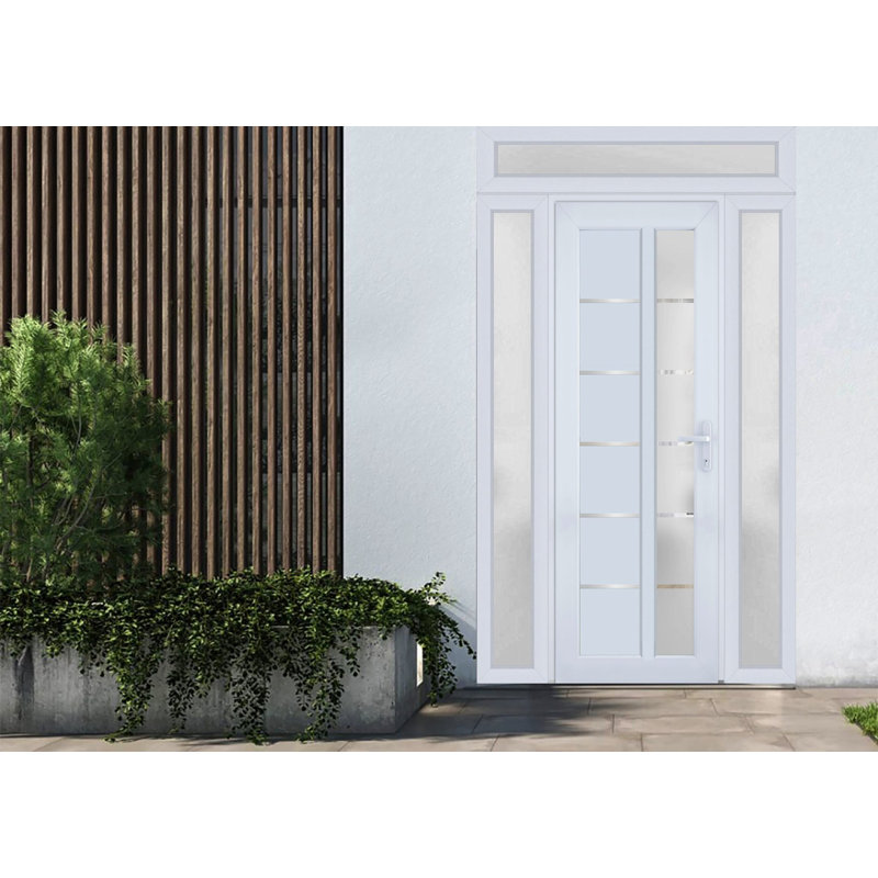 Front Exterior Prehung FiberGlass Door Frosted Glass / Manux 8088 White Silk / 2 Side and Top Exterior Window / Office Commercial and Residential Doors Entrance Patio Garage-W16+30+16" x H80+14"-Left-hand Inswing