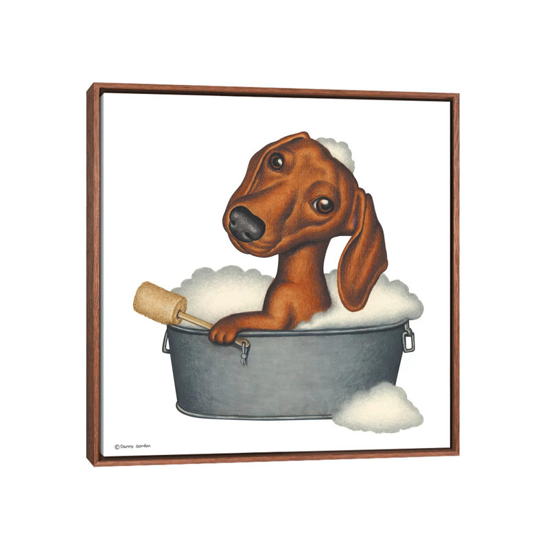«Dachshund Bath» par Danny Gordon - impression d'art graphique, Toile avec cadre en bois brun classique, Pas de tapis