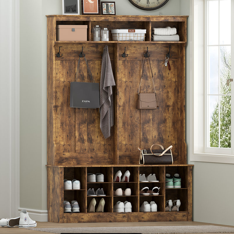 53"W Hall Tree and Shoe Storage Bench with Shelves,Cubbies and Coat Hooks for Foyer, Mudroom, or Entryway, Brown