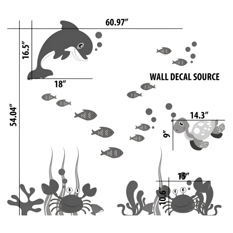 Adhésif décoratif dauphin, tortue, océan sous le mur de mer, Schéma B