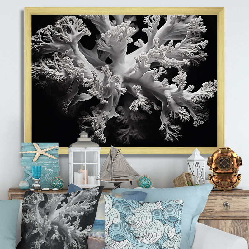 Anémone de corail noir et blanc III sur toile, H 16 po x l 32 po x P 1 po, Encadrement doré