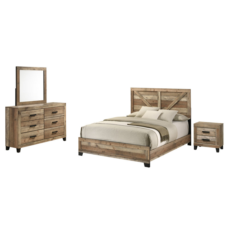 Ensemble de chambre à coucher 4 pièces en pin brun patiné, Très grand