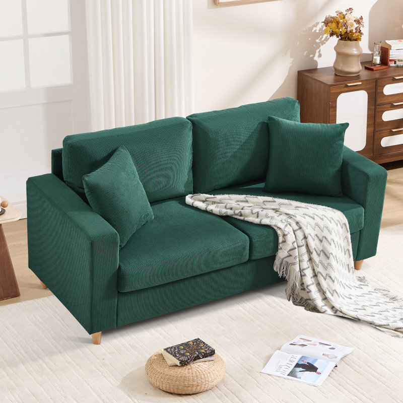 Corduroy Sofa Set with 2 Throw Pillows, Deep-Seated Upholstered Couch with Square Arms, Cosy Living, 2, Green