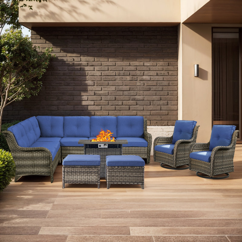 Ensemble de conversation pour patio pour 7 personnes Carolina Wicker avec coussins et foyer, Bleu, Gris