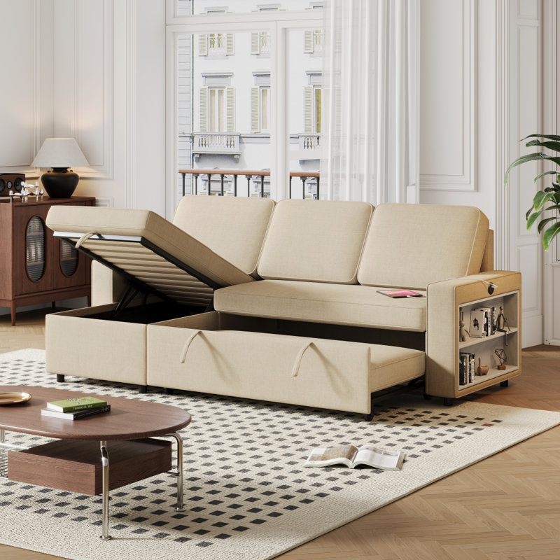 85.8" Pull Out Sleeper Sofa L-Shaped Couch Convertible Sofa Bed with Storage Chaise And Storage Racks, Beige Fabric