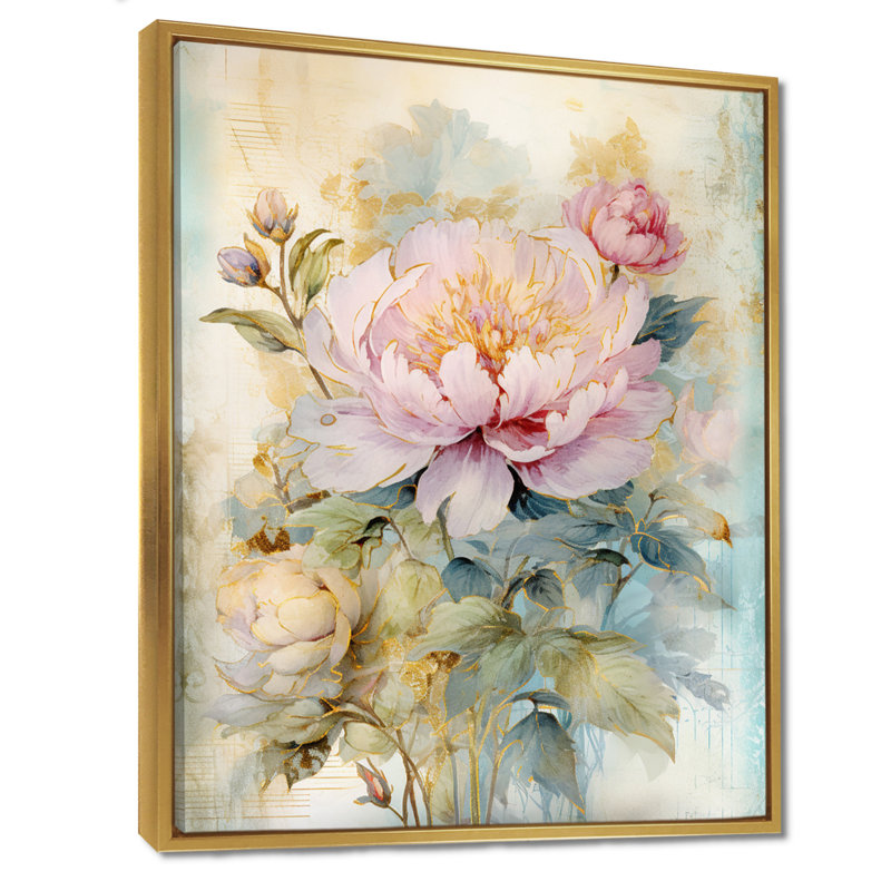 Millville - pivoine, art mural, H 44 po x l 34 po, Cadre flottant doré, bois massif