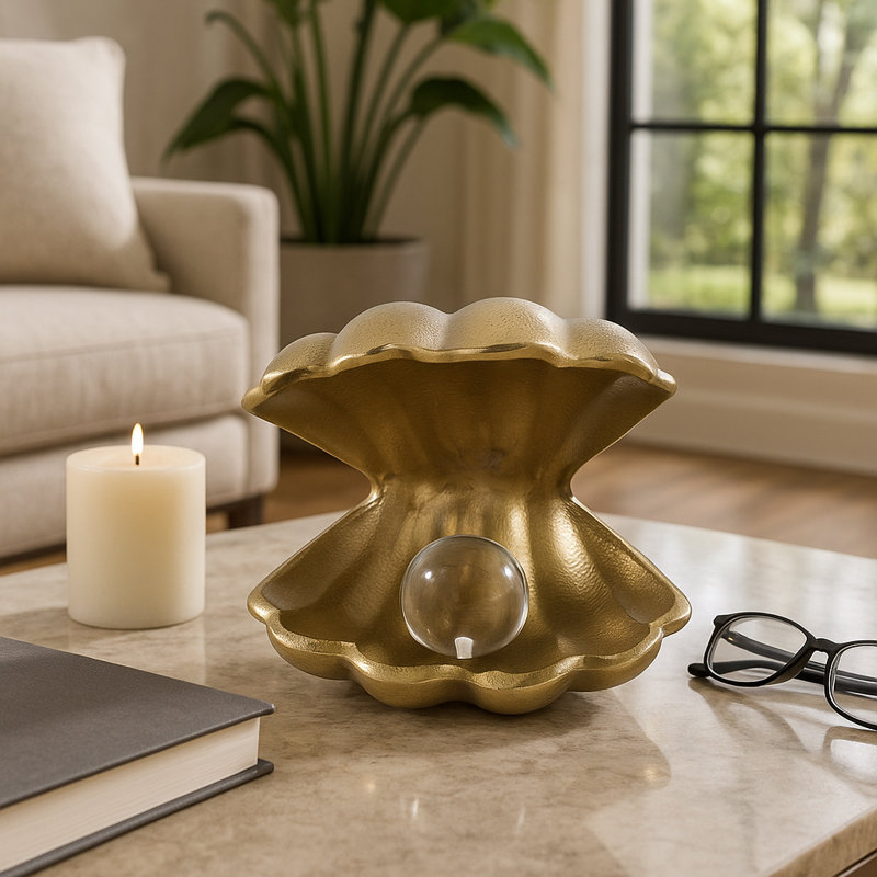 Decorative Clam With Acrylic Pearl Figurine Sculpture - Decorative Object Statue For Home Decor And Living Room Decorations - 5", Gold & Clear
