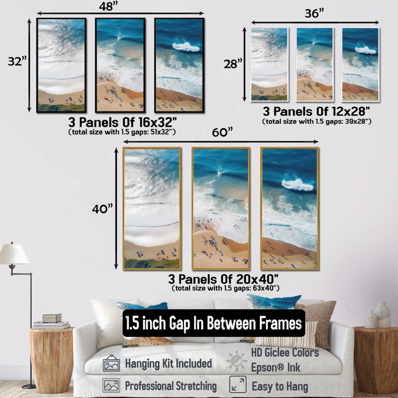Bleu plage vue aérienne Majesty III - plage et océan, art mural, Cadre flottant blanc, H 28 po x l 36 po x P 1 po