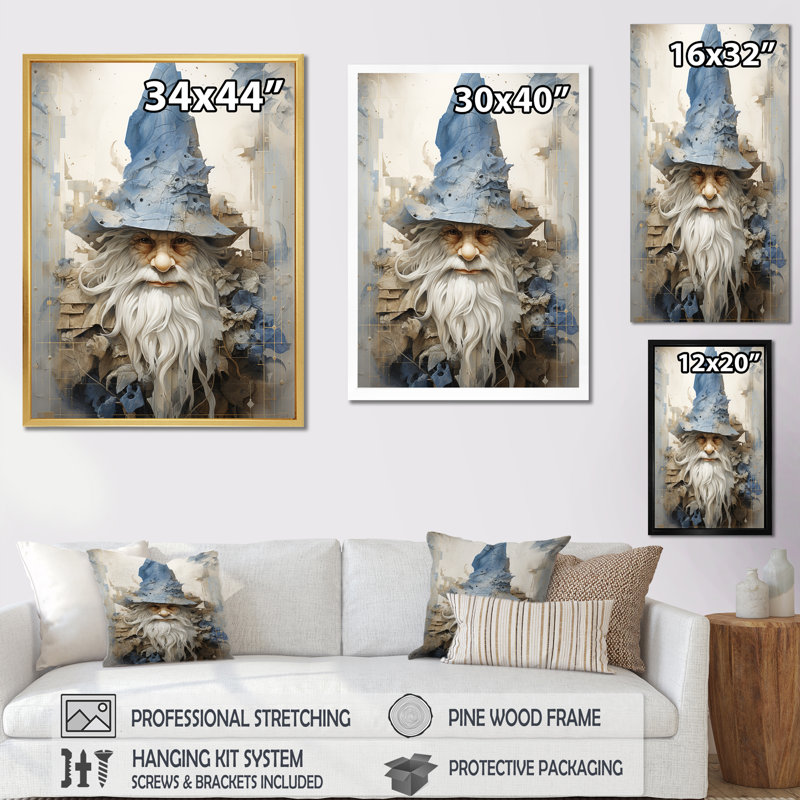 Minimalisme beige et gnome bleu sur toile, H 40 po x l 30 po x P 1,5 po, Cadre simple noir
