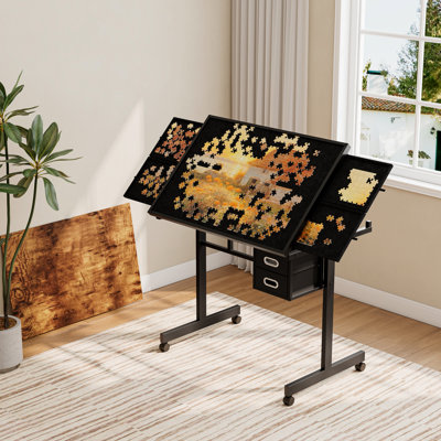 1000 Pieces Jigsaw Puzzle Metal Table Board For Adults With 4 Trays, 2 Drawers, And 5Mm Thick Wooden Desktop Protective Cover, Universal Wheels, Felt