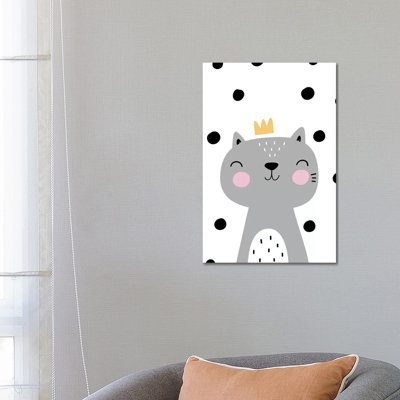 Cat with Crown Grey with Polka 1 Piece Wrapped Canvas Wall Art